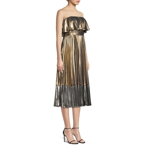 Aidan Mattox Gold and Silver Strapless Pleated Dress Sz 10 - Picture 2 of 8